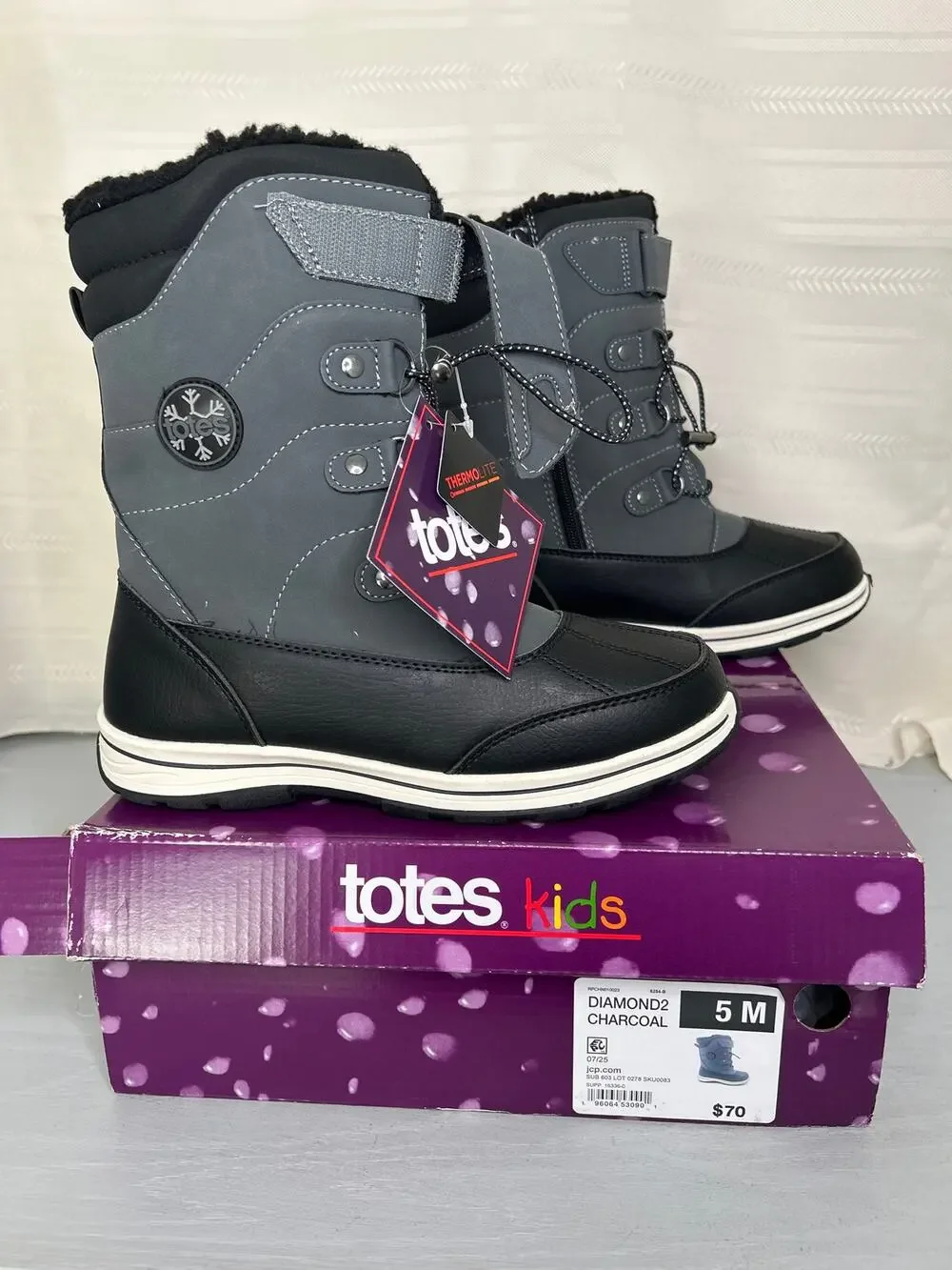 Totes Diamond Waterproof Insulated Winter Boots Charcoal Girls Size 5